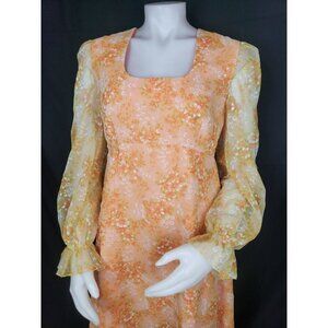 Vtg Maxi Dress Sz M Orange Floral Chiffon Overlay Empire Prairie Handmade Prom